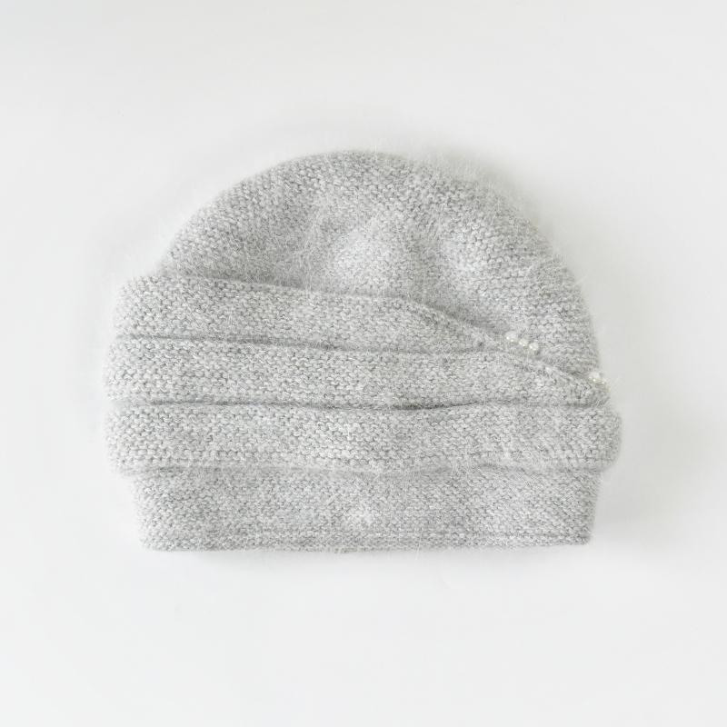 Winter Angora Wool Knitted Beanie for Elegant Ladies Custom Warm Skull Hats With Pearls Middle-Aged Women Rabbit Wool Hats