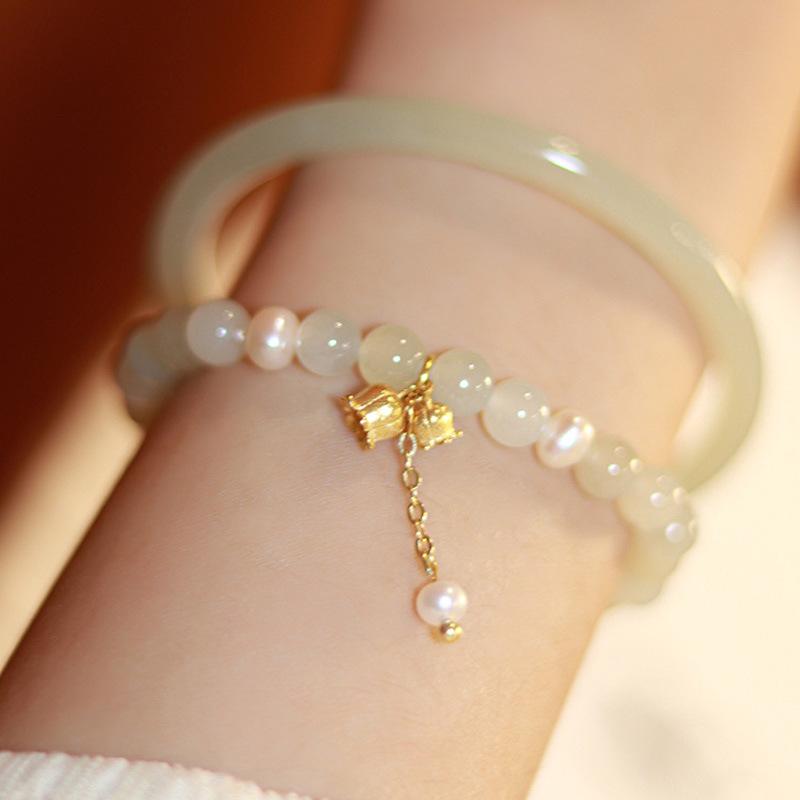 Wind Chime Lily of the Valley Bracelet, Clear Water Green Hotan Jade Bracelet, Natural Qinghai Jade Birthday Gift Bracelet
