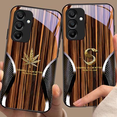 Capa de Celular de Vidro Temperado Preto com Estampa de Cobra Grão de Madeira Para Samsung Galaxy A15 5G 54 4G 51 50 24 35 90 71 12 51 53 52S 80 22 34