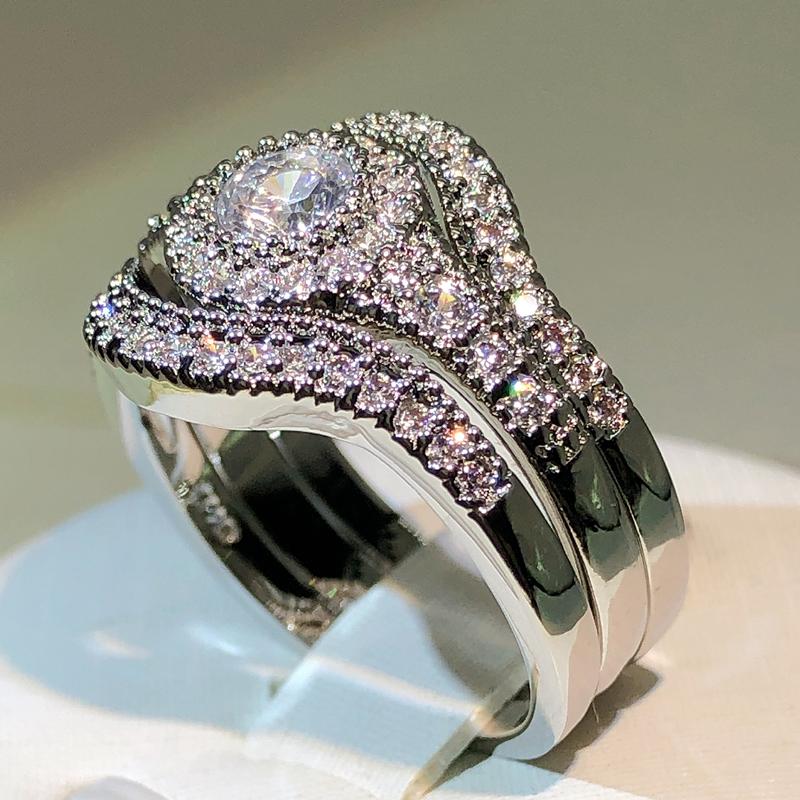 sterling copper classic three-layer white zircon ring unisex party birthday jewelry fashion zircon ring