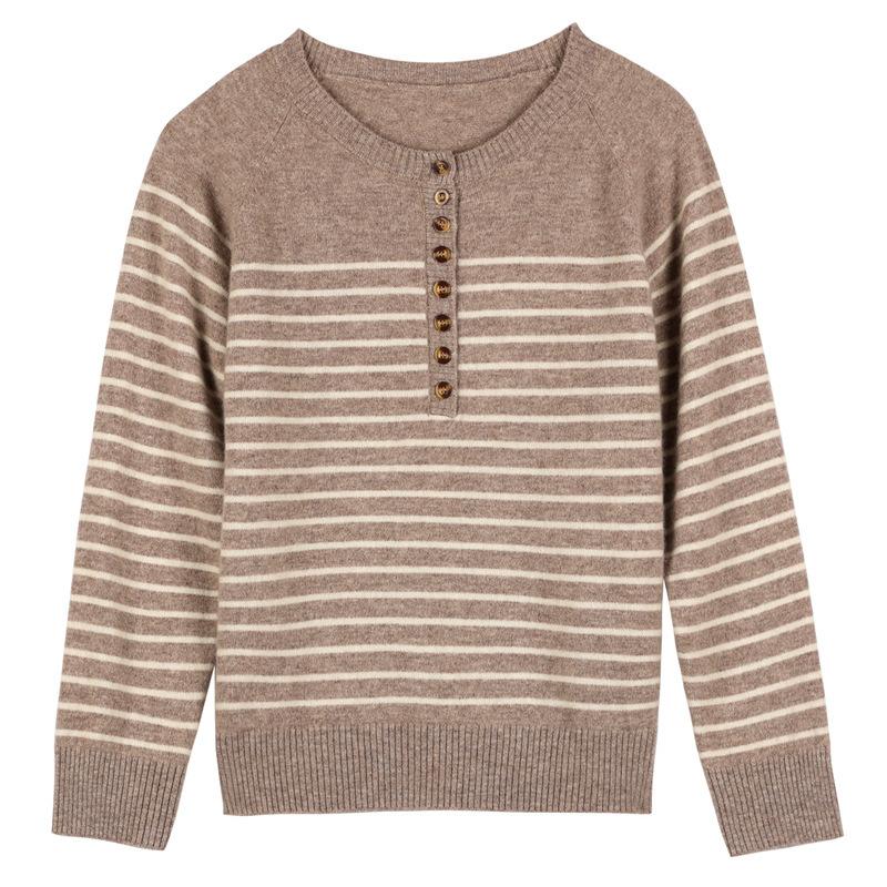 Multi-button Round Neck Bottoming Shirt for Women In Autumn and Winter, All-match Sweater, Loose Striped Andy Velvet Warm Top, Knitted Style
