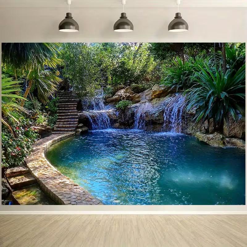 2D Grüne Tropische Wasserfall-Kulisse, 2D Poolgarten-Landschaftsdekoration