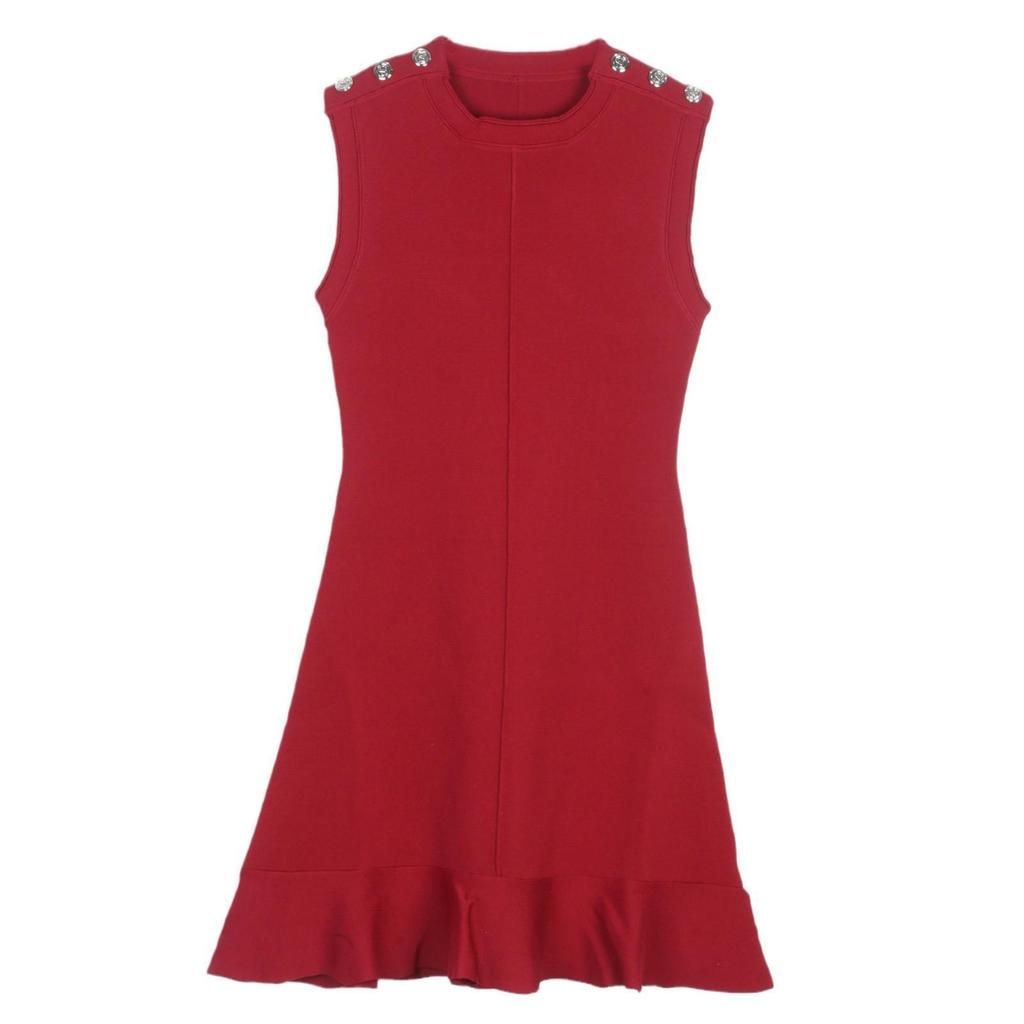 Elegant Women's Red Sleeveless Knitted Vest Dress - Round Neck, Waist-Slimming, and Figure-Flattering Fishtail Skirt for Evening.