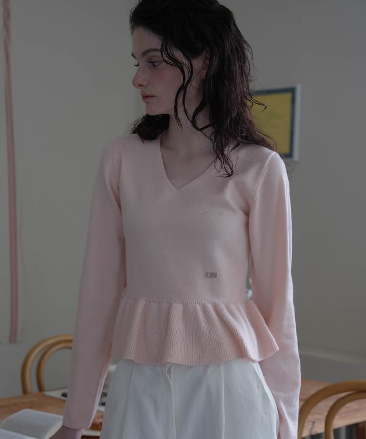 DEHEVE V-Neck Flare Shirring Knit [Pink]
