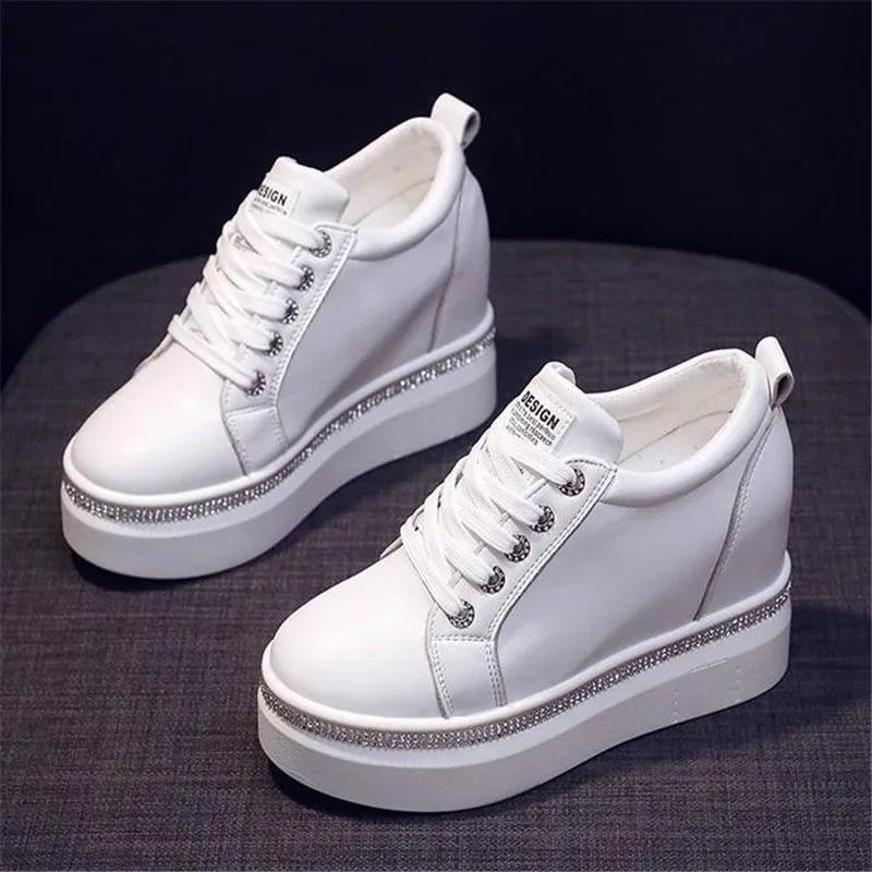 Fashion Plus Size 40 Women Wedge Sneakers Side lace-up PU Leather Casual Flat Shoes Sequins Thick Bottom White Shoes Internal Heighten
