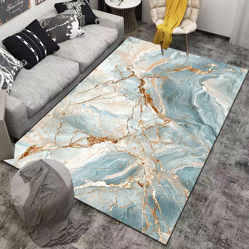 Luxury Marble Texture Soft Carpet In Blue and Gold for Bedroom Decor Suitable for Use As an Anti-slip for Living Room Bedroom Sofas