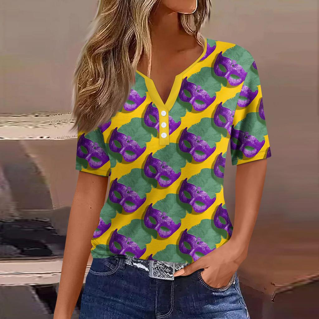 Damen-T-Shirt, T-Shirt, bedruckt, Knopfleiste, kurzärmelig, für den Alltag, Wochenende, modisch, Basic, V-Ausschnitt, normales Oberteil