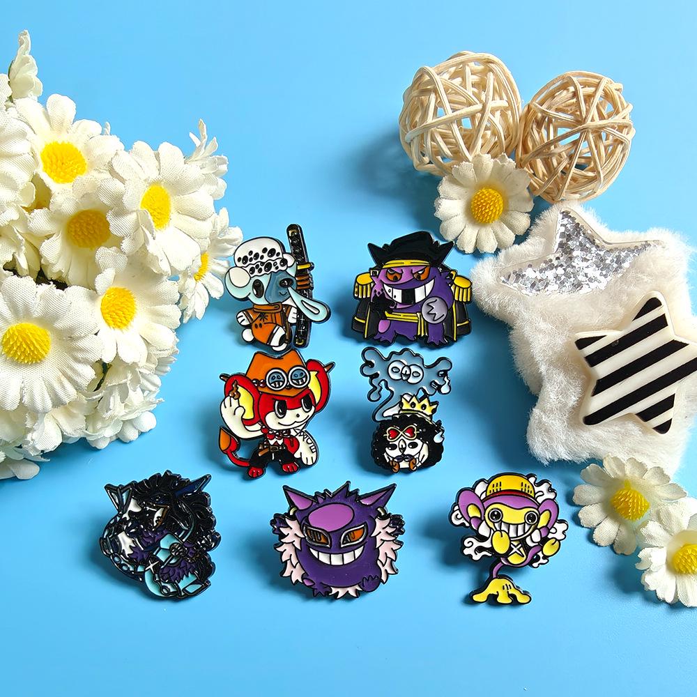 Japanese Anime Inspired Pokemon & One Piece Metal Badge Brooch - Luffy & Gengar Design