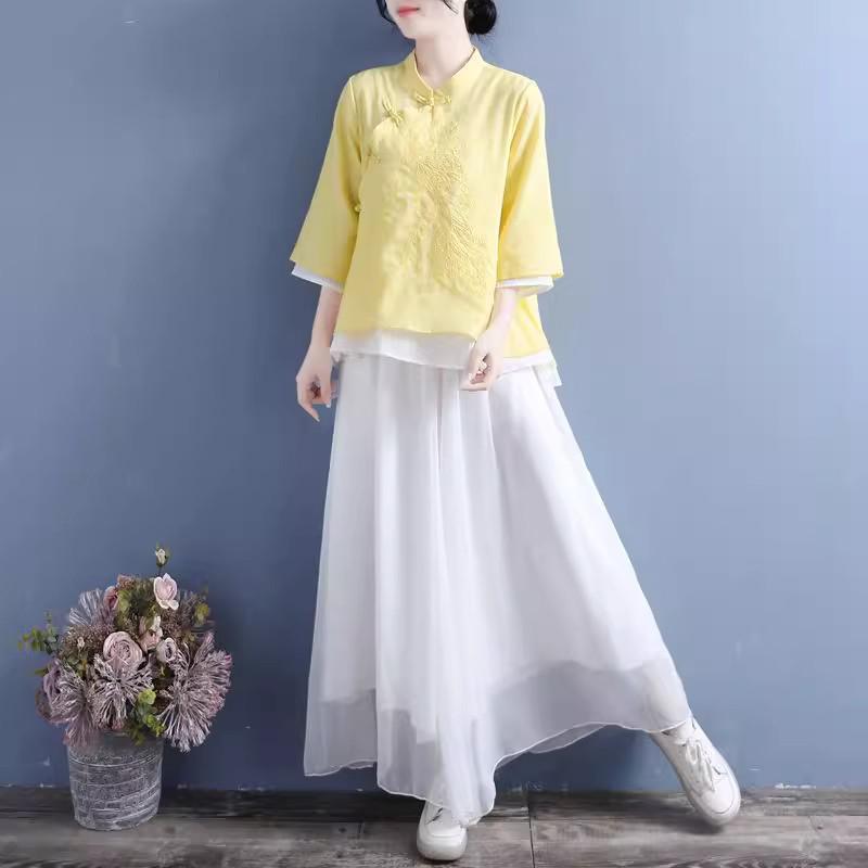 Women's Spring Cotton-Linen Top: Frog Buttons, Embroidered, Oblique Placket, 3/4 Sleeves, Pink/Yellow. Perfect for Tea Ceremonies.