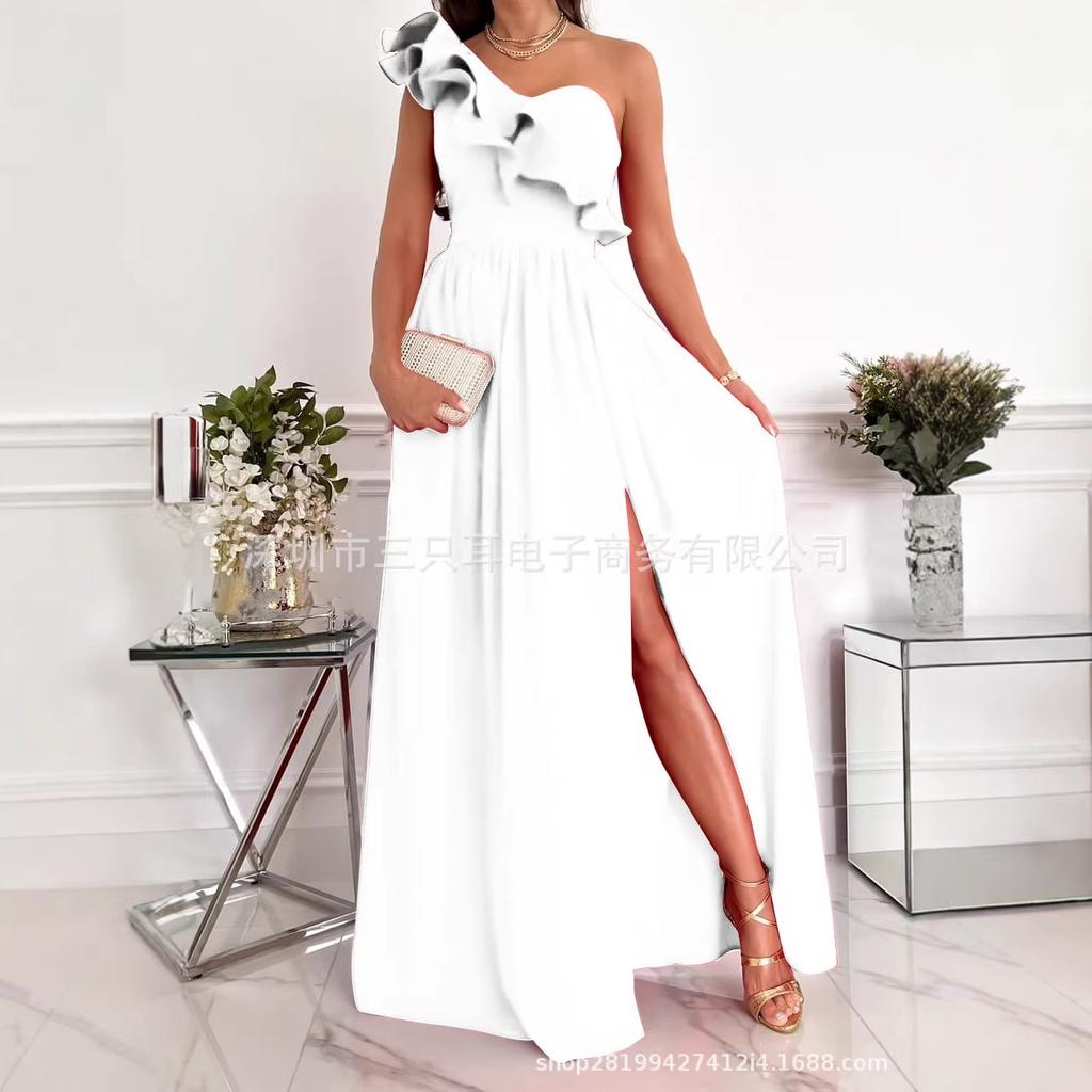 Women's One Shoulder Ruffle High Slit Sleeveless Maxi Dress Party Formal Dress