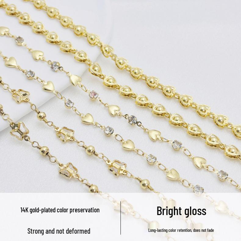 14K Gold-Filled Peach Heart & Butterfly Rhinestone Chain for DIY Jewelry: Bracelet, Necklace & Hair Accessories
