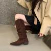 Pile Boots Vintage Suede Khaki Boots 2025 Women's Boots French Autumn Skinny Boots Thick Heel High Boots