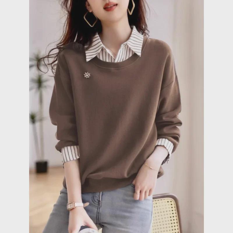 2024 Fashionable Slim Fit Long-Sleeved Sweatshirt for Women - Autumn Age-Reducing Fake Two-Piece Design