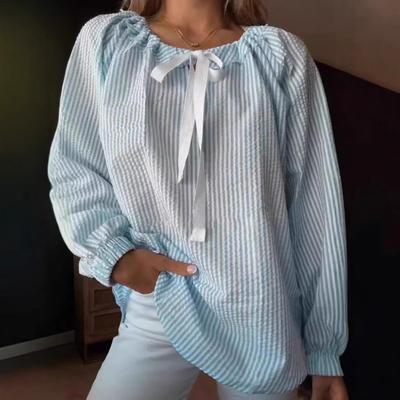 Damen-Shirt mit Rundhalsausschnitt, Schleife, Schnürung, lange Ärmel, gestreifter Aufdruck, lockere Passform, Party, Büro, Alltagskleidung