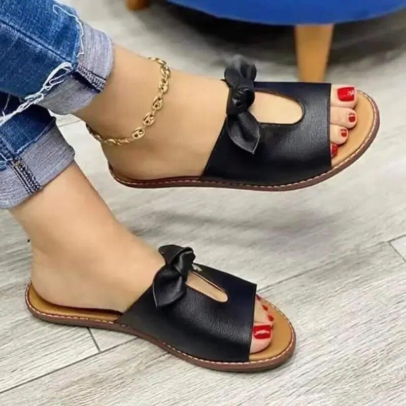 Léto Ženy Pantofle Boty Roztomilé Butterfly-Uzel Ploché Neformální Sandály Jednobarevné Plážové sandály Zapatillas Mujer Chaussure Femme