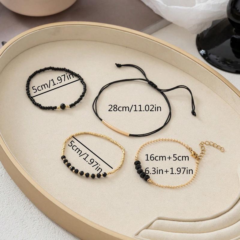 4pcs Black Crystal Handmade Fashion Bracelet Set For Women, Vacation Party Jewelry Festival Gift