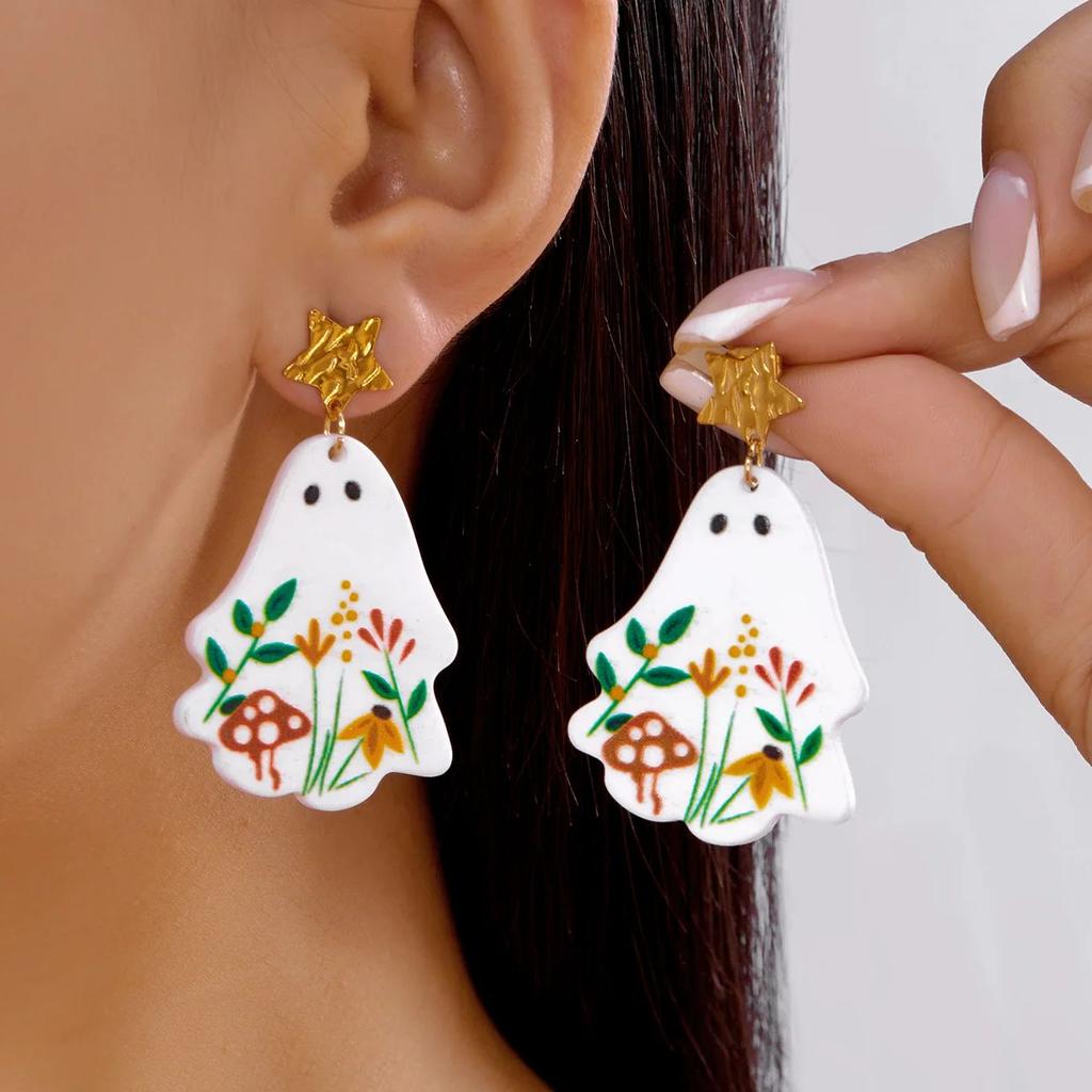 Punk Halloween Ghost Earrings for Women Acrylic Cartoon Flower Drop Dangle Earring Cute White Ghost Holiday Jewelry Gifts