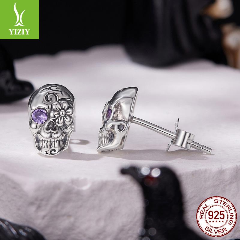 Halloween Skull Stud Earrings Male And Female Personality Mysterious S925 Sterling Silver Dark Wind Stud Earrings