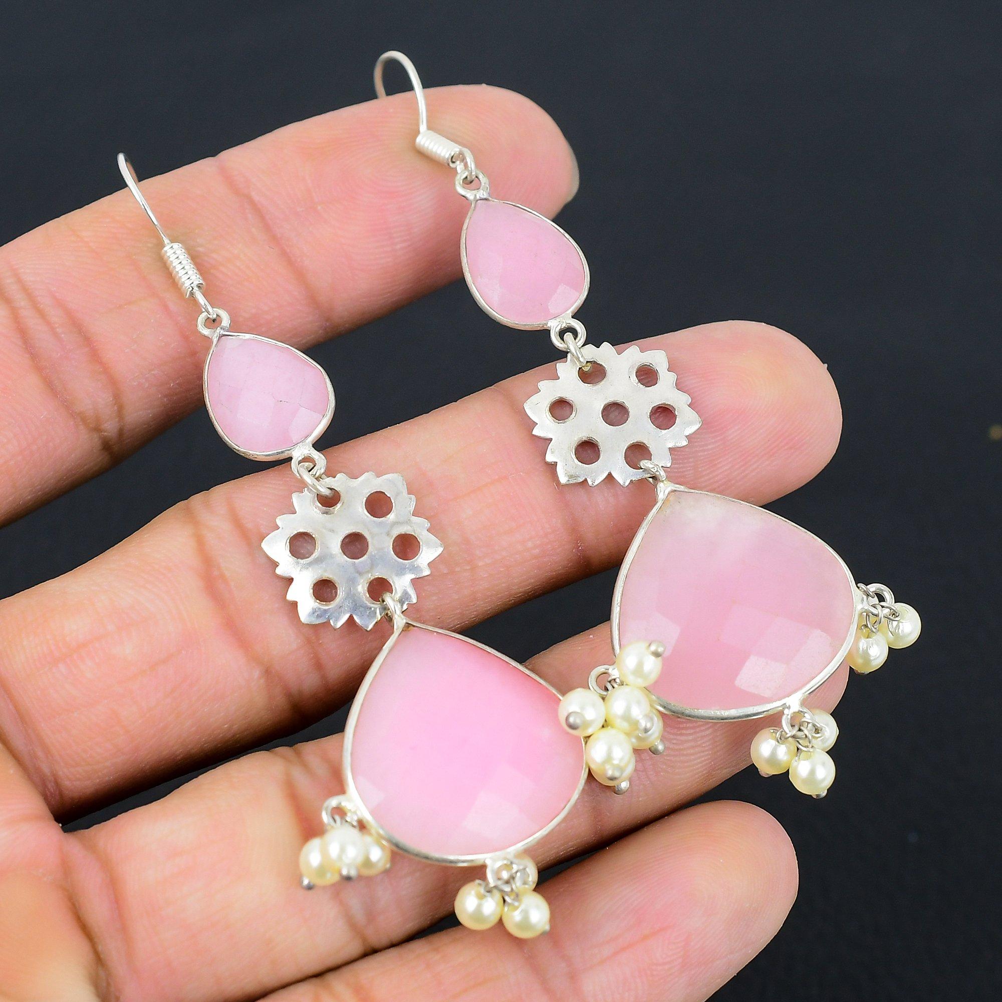 

День Дочери Сделка Серьги-капли из стерлингового серебра с грушевидным розовым халцедоном