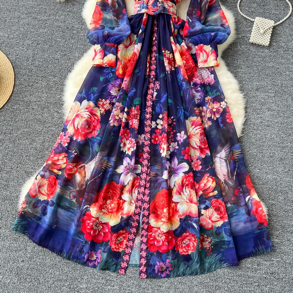 Summer Women Vintage Print Turn-down Collar Chiffon Holiday Beach Long Maxi Shirt Dresses With Belt