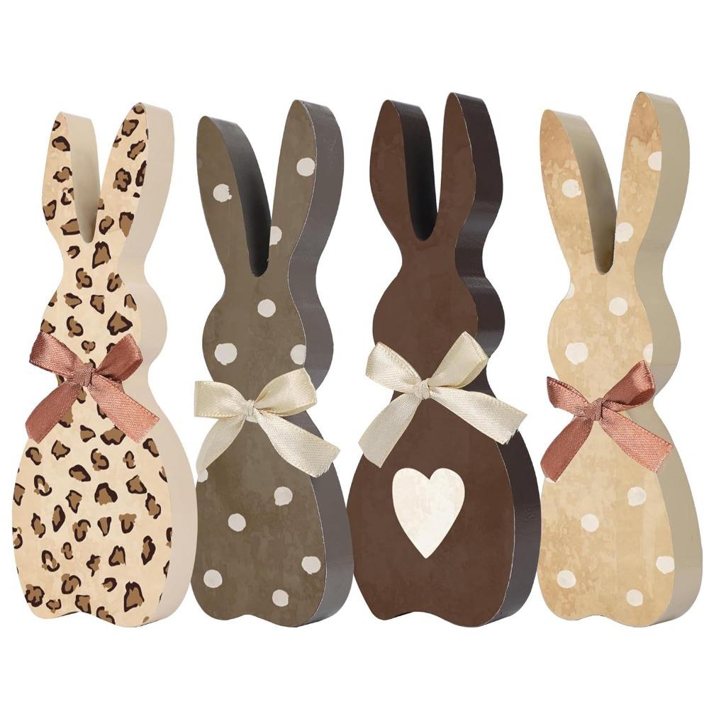 4/5 Piece With Bowknot Easter Wooden Rabbit Ornament DIY Thickened Easter Tray Rabbit Ornament Cute Printed