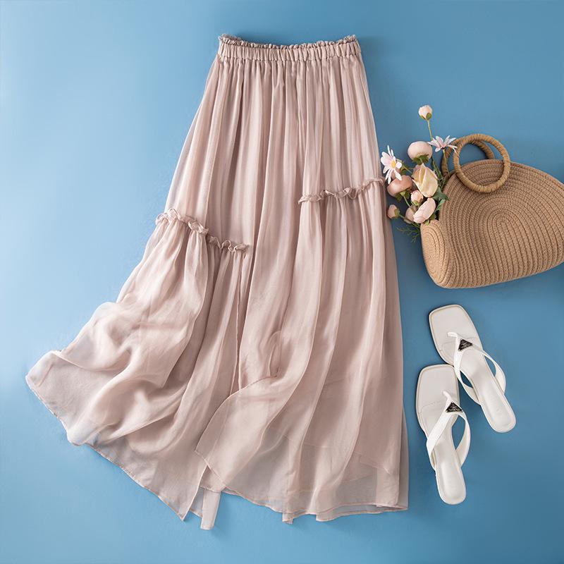 Women's Japanese-Style A-line Silk Skirt with Elastic Waist