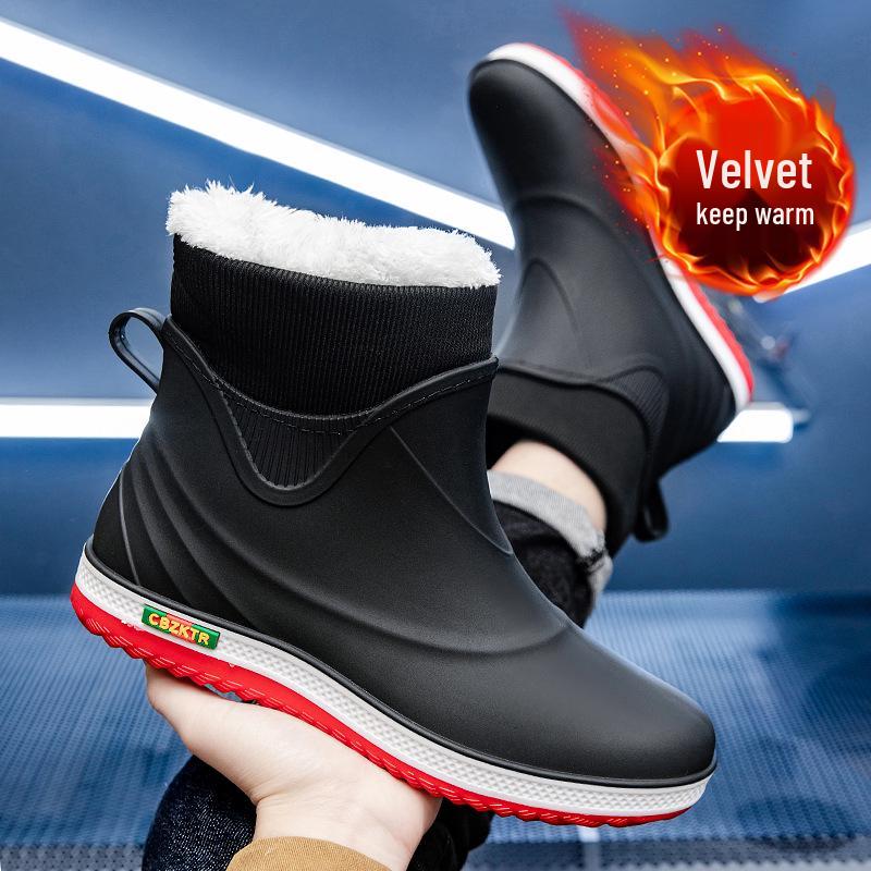 Men's Fashionable Low-Top Waterproof Rain Boots with Fleece Lining, Washable Flat Bottom, Mid-Calf, Ideal for Kitchen, Food Delivery, and Riding.
