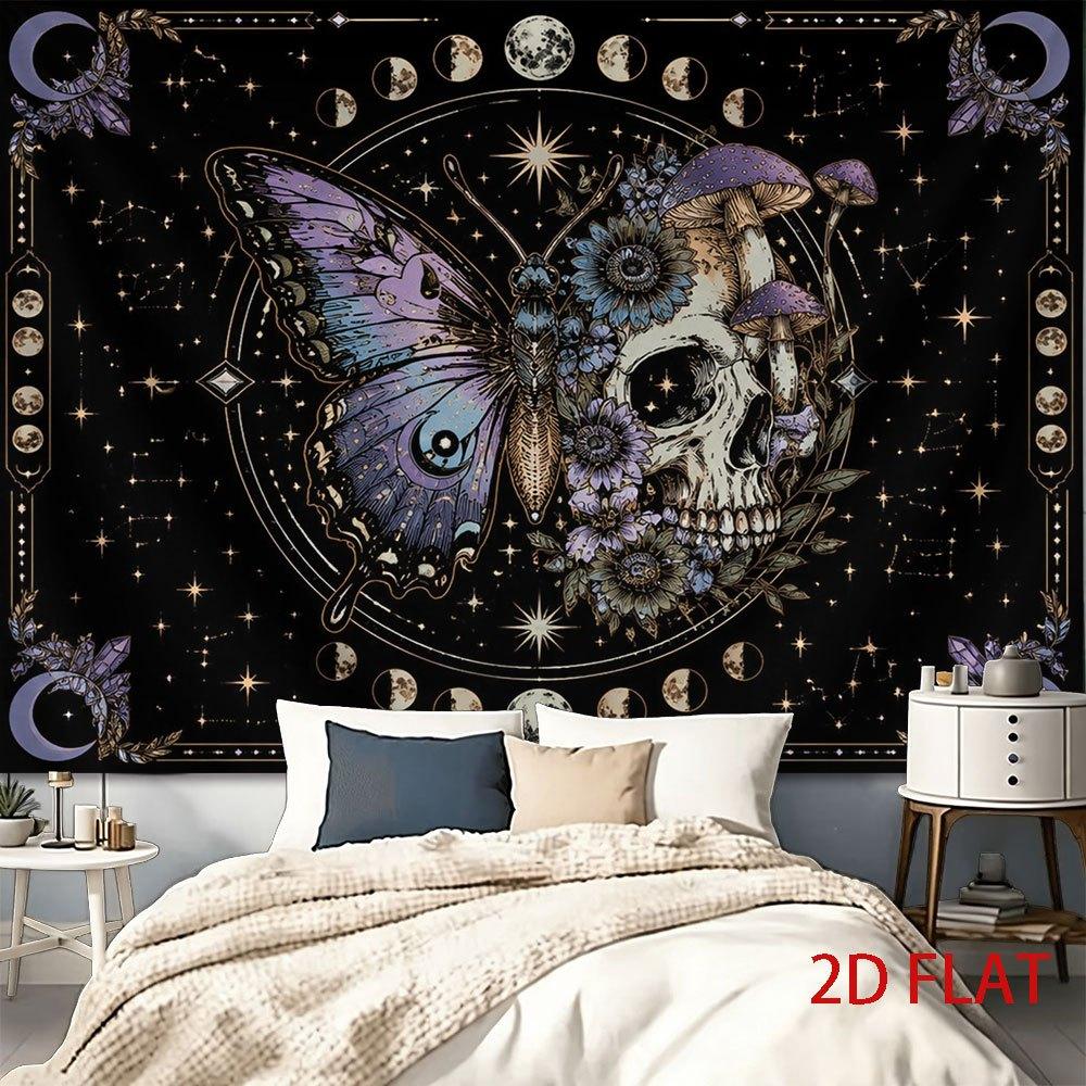 1pc Tapestry Butterfly and Skull with Flowers, Mushrooms, and Moon Phases Against a Starry Night Sky, Framed by Celestial Motifs.