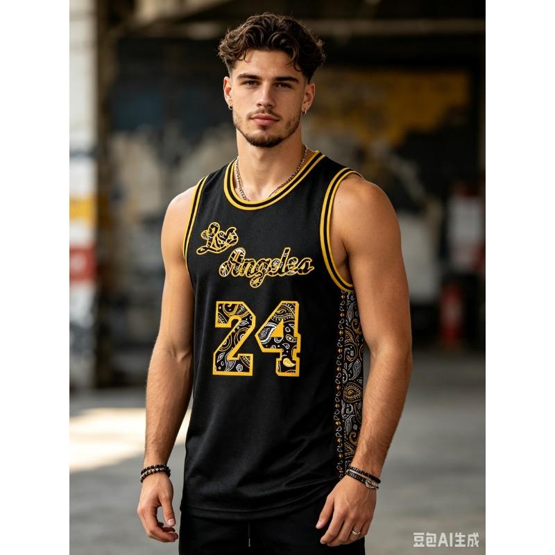 Men's No. 24 Classic Basketball Casual T Shirt, Outdoor Street Casual Lettered Basketball Jersey for Games and Training