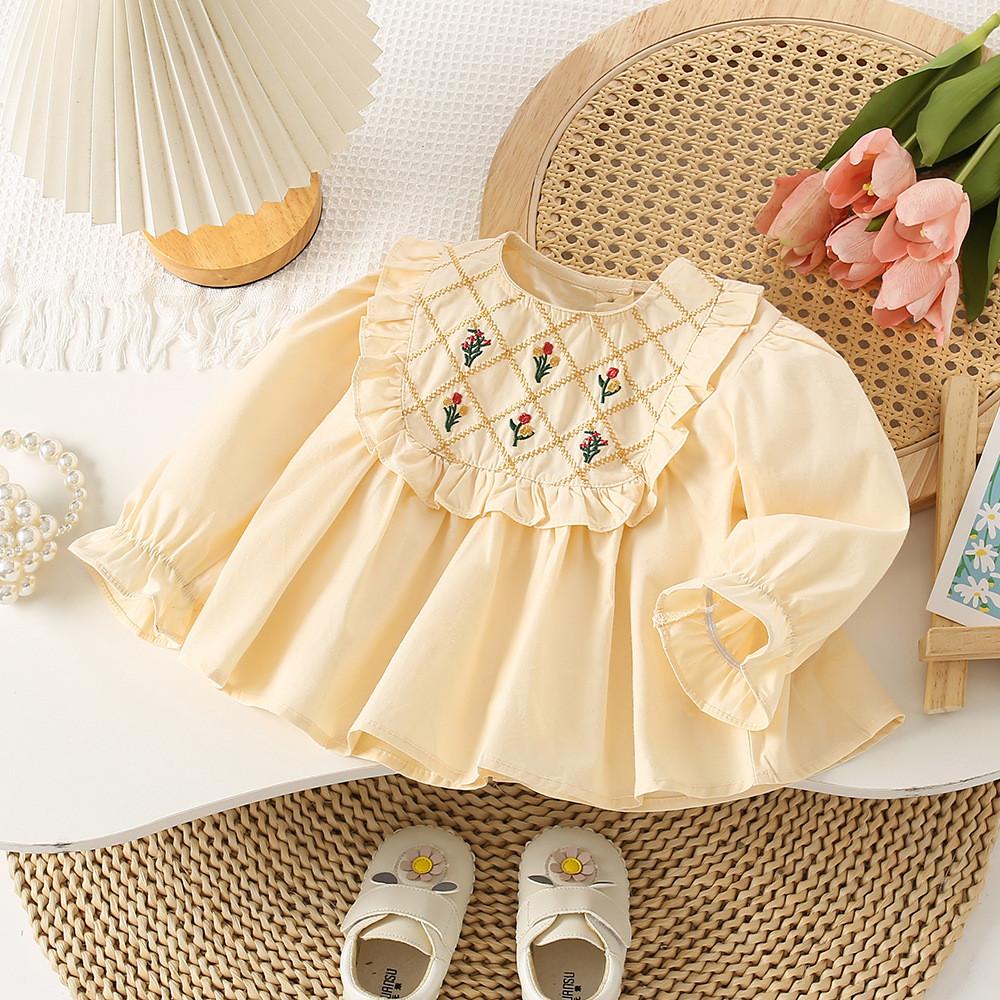 Adorable Baby Girl's Autumn Long Sleeve Shirt With Sweet Lace And Round Neck Design