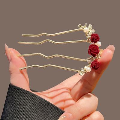 Red Rose Hair Pin Set Alloy Gold/Black Tone with Velvet Flower Pearl Detail Multi-prong Design Elegant Retro Hair Accessory