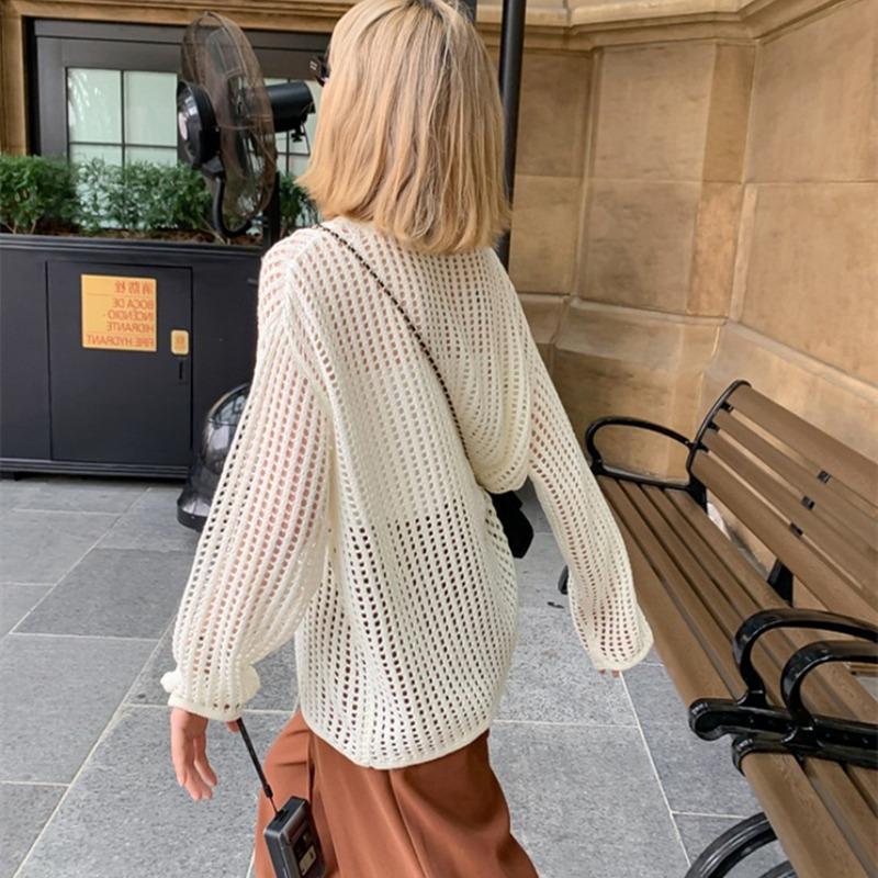 Fashion Loose Long Sleeve Hollow Out Knitted Sweater Women Casual Outer Blouse Thin Hollow Spring Summer Covers Up Long Air-conditioning Shirt Top