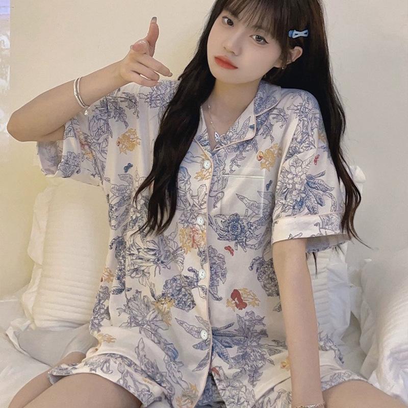 Niche Design Sense Of Simplicity And High-End Sense Monet Flower Summer Short-Sleeved Ice Silk Set Loungewear Set