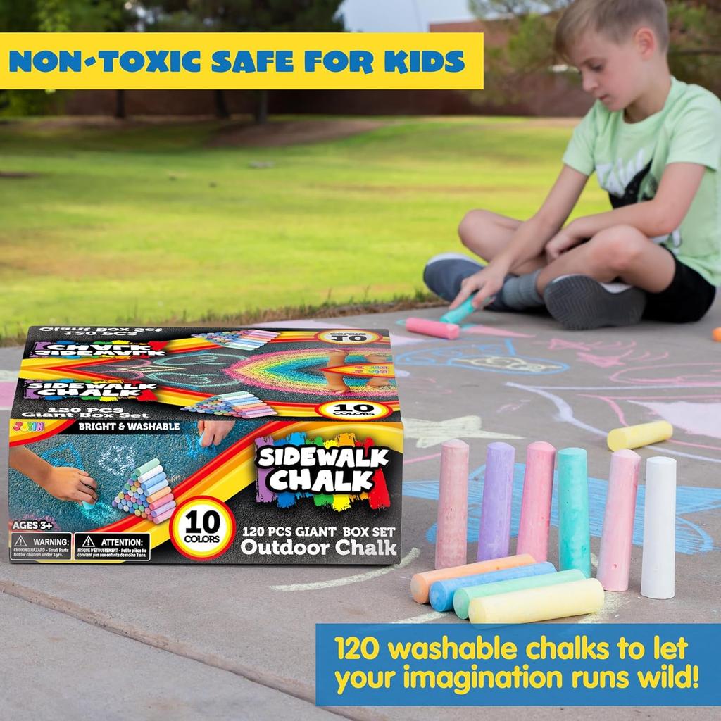 JOYFY 120 PCS Sidewalk Chalks for Kids Giant Box Non-toxic Jumbo Colored Washable Sidewalk Chalk for Toddlers In 10 Colors