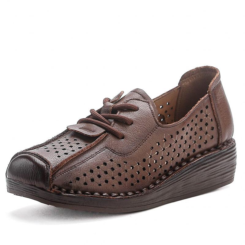 First layer cowhide muffin thick sole wedge heel soft sole mother shoes genuine leather shoes women's cowhide sole retro single shoes