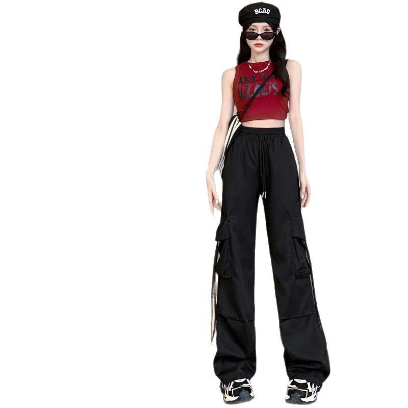 Petite High Waist Pink Parachute Cargo Pants for Women - Wide Leg Summer Sport Pants (145cm)