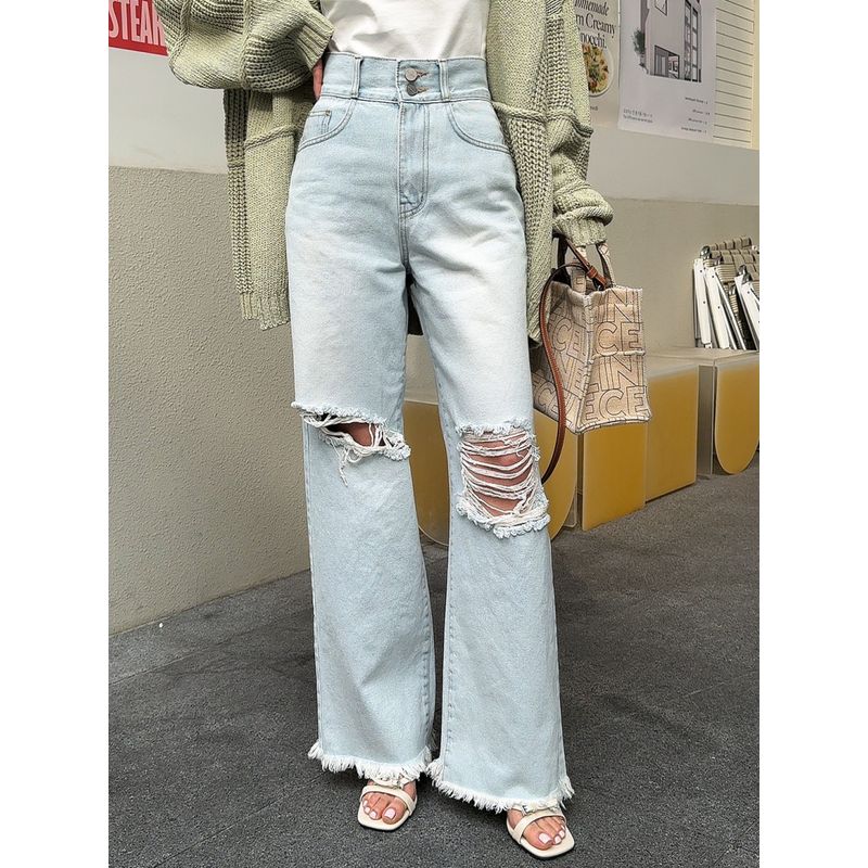 

South Korea High Waist Two-Button Hole Denim Women s Spring 2025 New Arrival Washed Distressed Figure Flattering Straight-Leg Frayed Hem Pants Light blue S