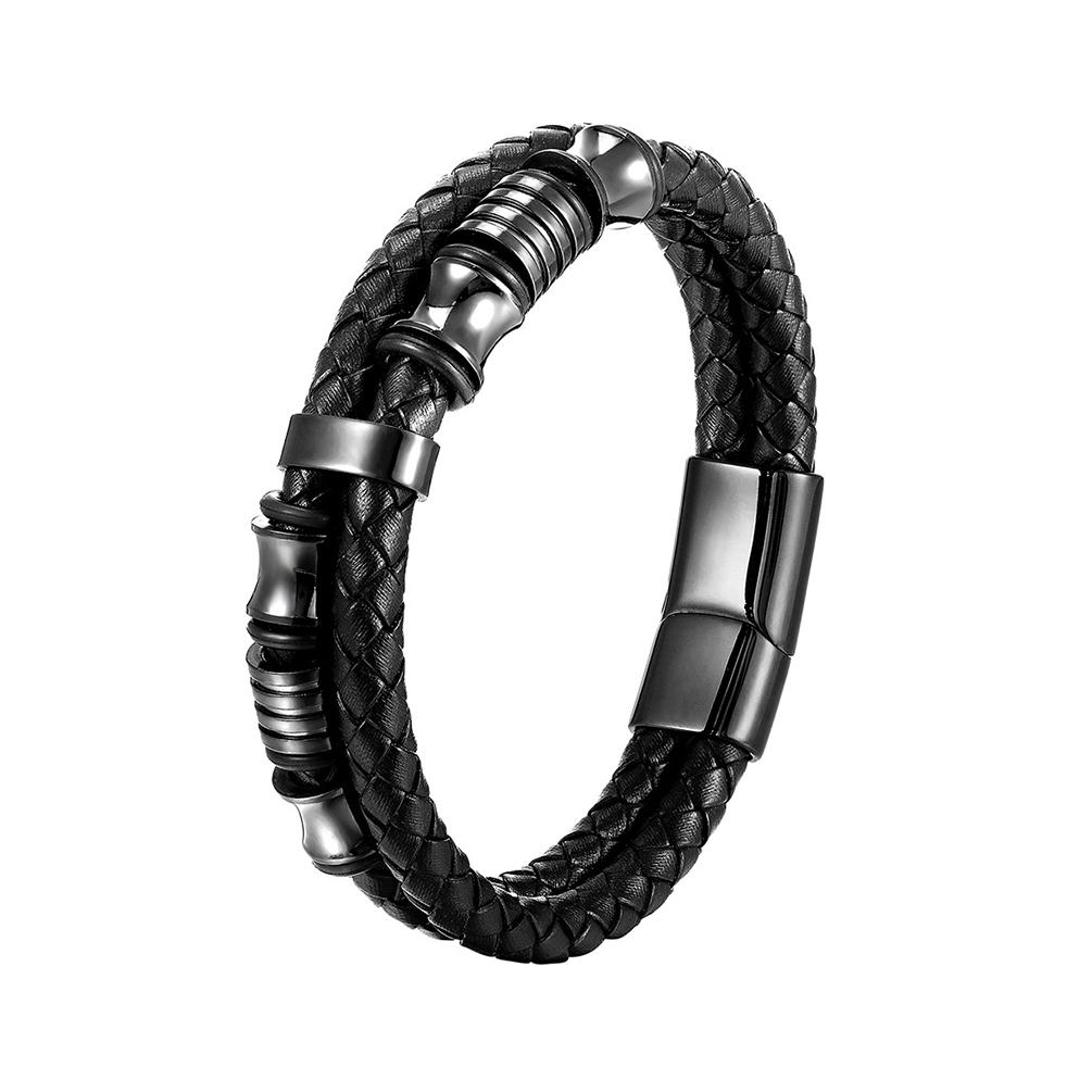 Alin Magnetic Clasp PU Leather Bracelets Stainless Steel Braided Leather Bracelet Multilayer for Men 22 CM&Leather Bracelet чёрный