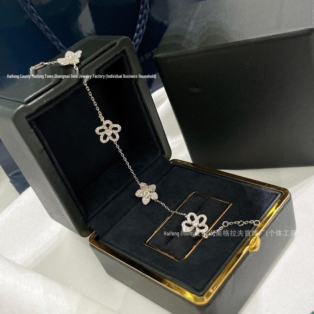 925 Sterling Silver & Gold Floral Diamond Bracelet, Hollowed-Out Five-Point Design, Exquisite Luxury.