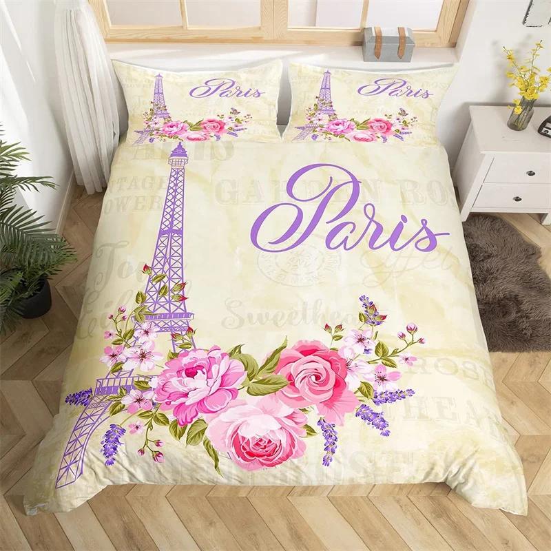Paris Eiffel Tower Duvet Cover Set Twin King Cherry Blossoms Comforter Cover Microfiber Romantic Theme Bedding Set For Girl Teen