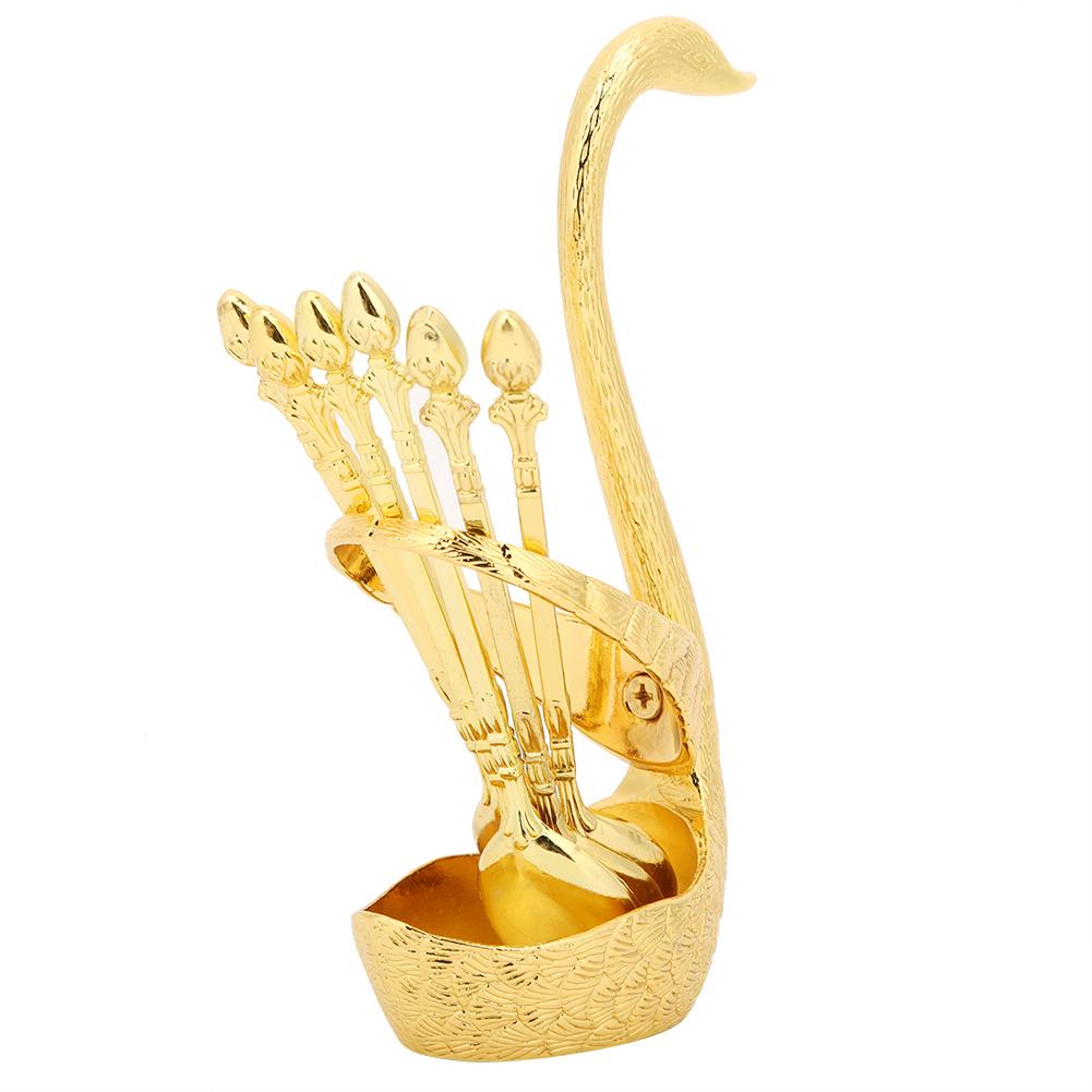 Zinc Alloy Swan‑Shaped Bracket Fruit Dessert Spoons Set Kitchen Tableware Wedding Supplies(Gold 6 Spoons )