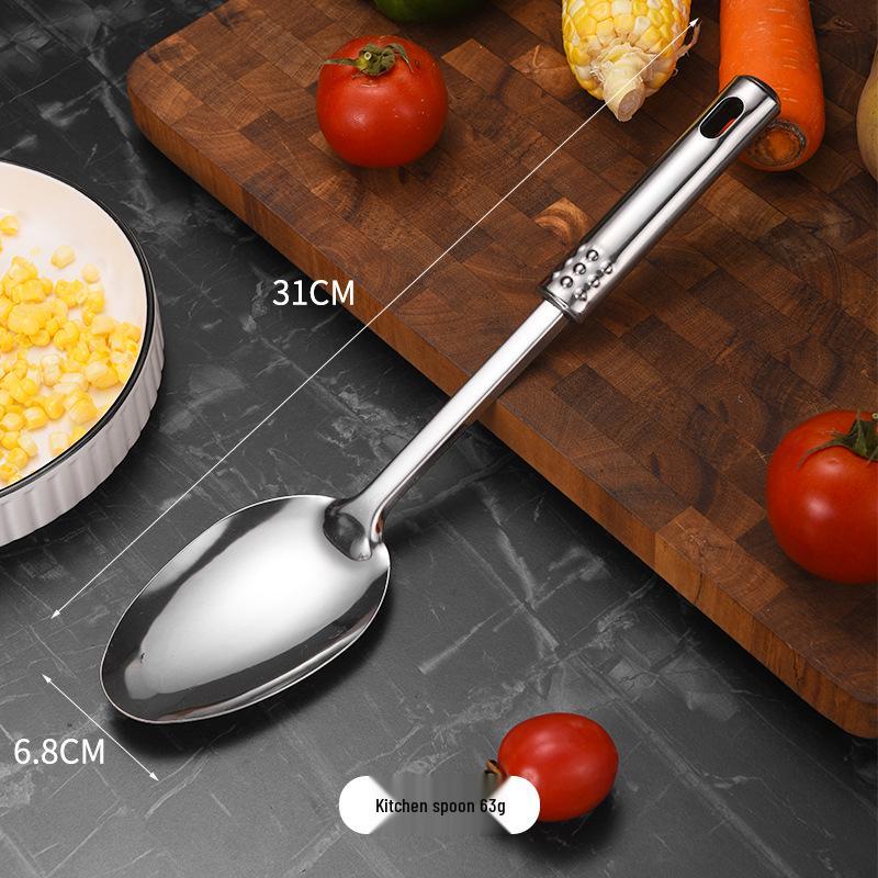 7-Piece Stainless Steel Kitchen Utensil Set: Spoon, Spatula, Slotted Spatula, Strainer, Ladle, Rice Spoon, Flour Sifter, and Meat Fork