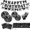 Black Bow Party High-End Cutlery Set with Paper Plates, Cups, Flags & Swirls
