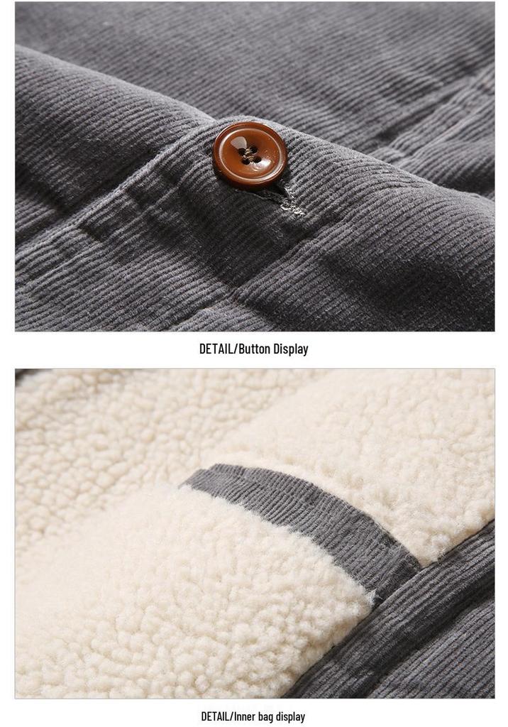 Men's Warm Corduroy Workwear Jacket, Plus Velvet Thickened, Winter Dad's Coat