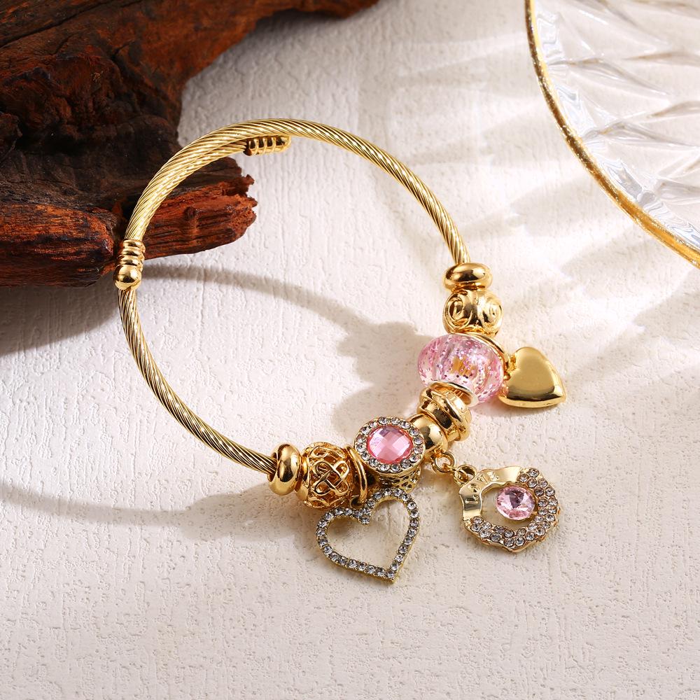 Bracelet Pendentif Cœur d'Amour Perlé Personnalisé Dora de Pan - Jonc Couple Réglable en Acier Inoxydable