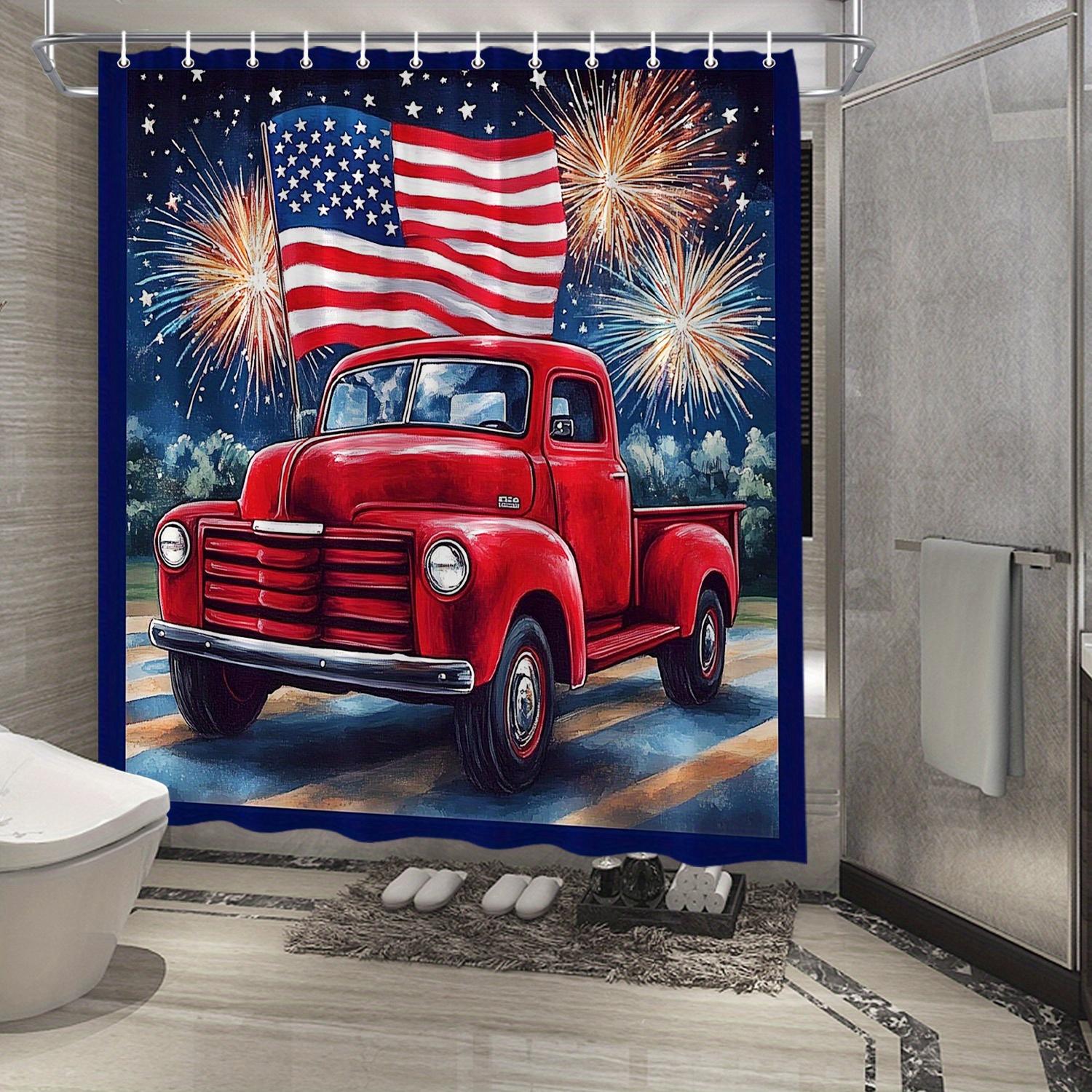 Patriotic Truck Shower Curtain - Vibrant Pickup, Red Chrome, American Flag,  Classic Americana, Water-Resistant Polyester W90xH180cm
