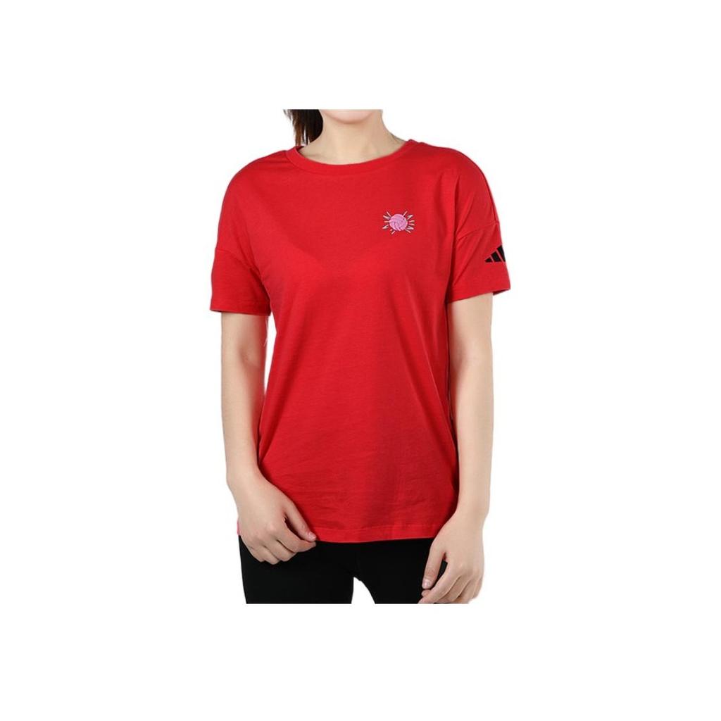 Adidas Grafikdruck Rundhals Kurzarm T-Shirt Damen Tops Rot FT2929