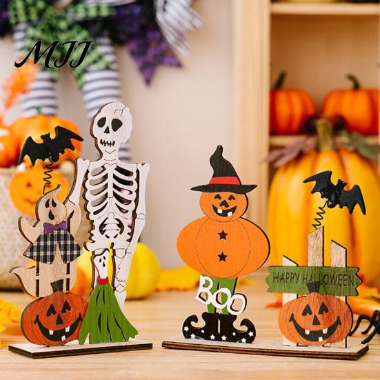 Halloween Spring Bat Sign Wooden Table Sign, Spooky Skeleton Pumpkin Ghost Centerpiece Solid Wood Ornament for Home, Shelf, Desk, Mantel, Tabletop,