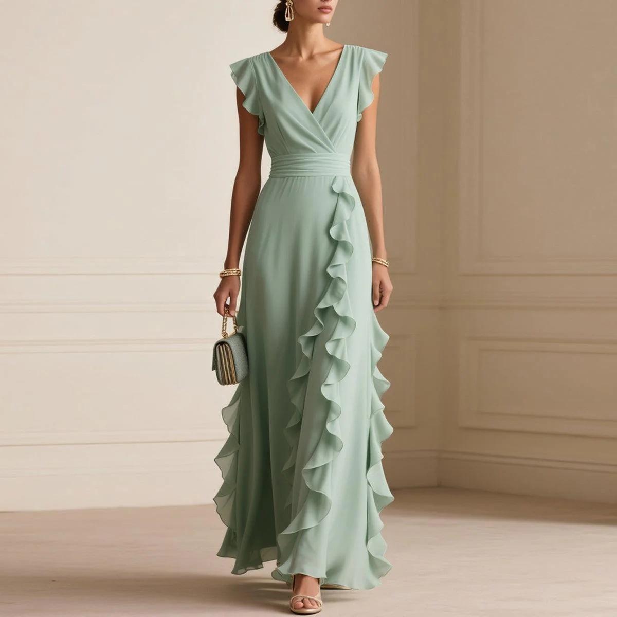 Light Green V-Neck Sleeveless Maxi Dress with Ruffle Detail S зелёный