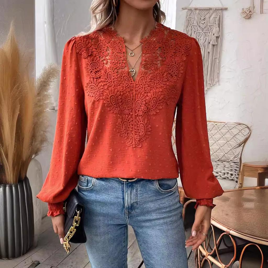 2025 Autumn/Winter New Collection, Fashionable V-neck, Lace, Solid Color, Long Sleeve, Casual Top, Women's Top, Autumn/Winter Interior, Elegant Design
